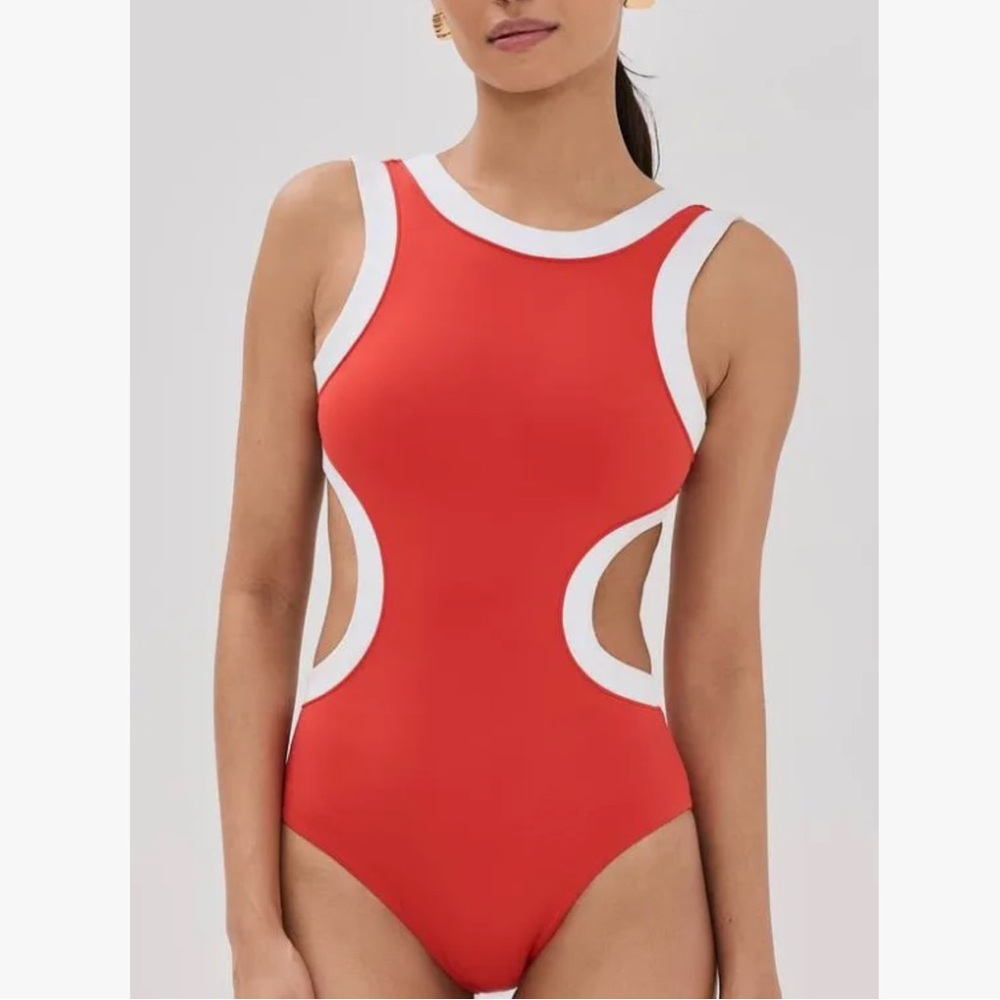 Staud Dolce One Piece Swimsuit in Red and White - size Small